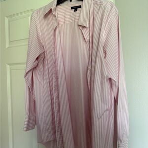 Lands End iron free pink and white striped blouse.